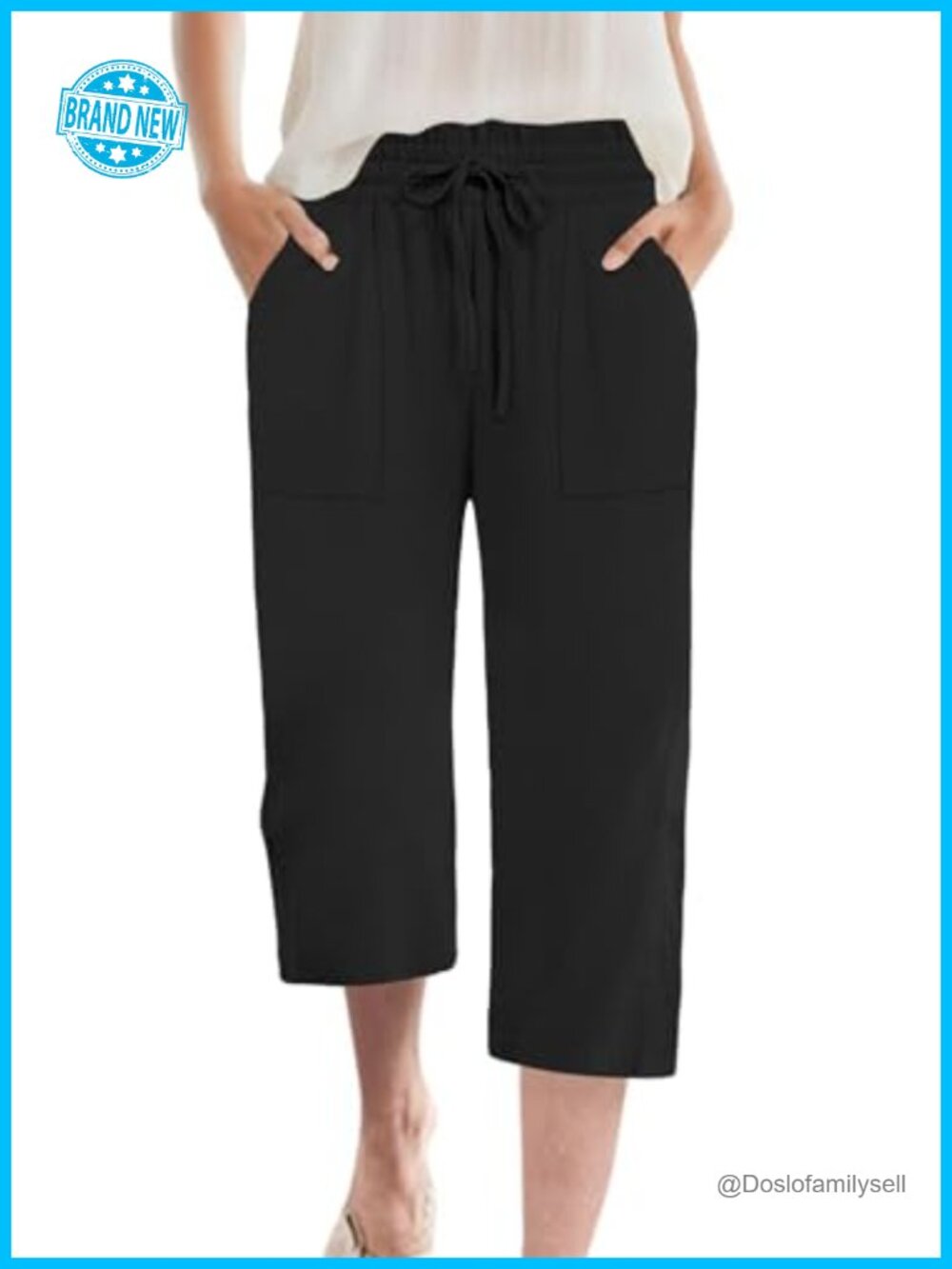 Wide Leg Capri Pants Chiffon High Waist Drawstring Trousers with Pockets